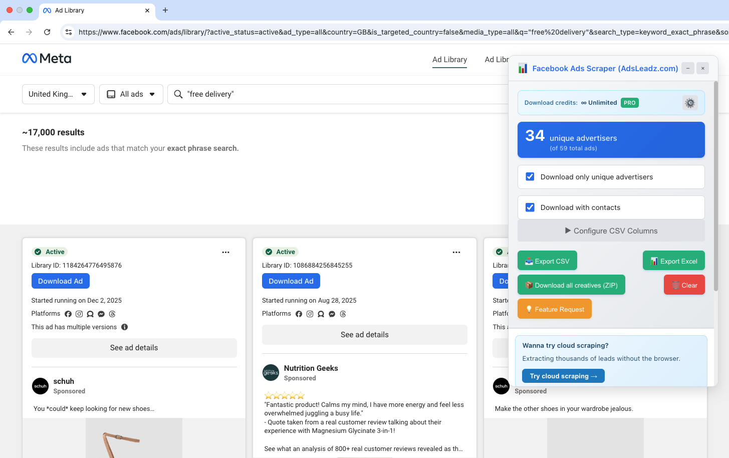 Meta Ads Library search with AdsLeadz extension for unique advertisers and export