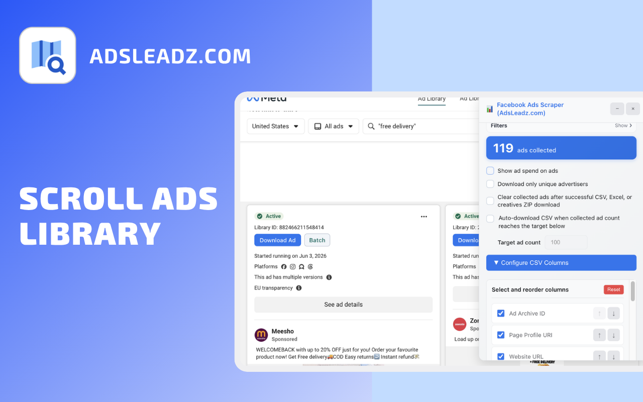 AdsLeadz Facebook Ad Downloader Extension inside Meta Ads Library