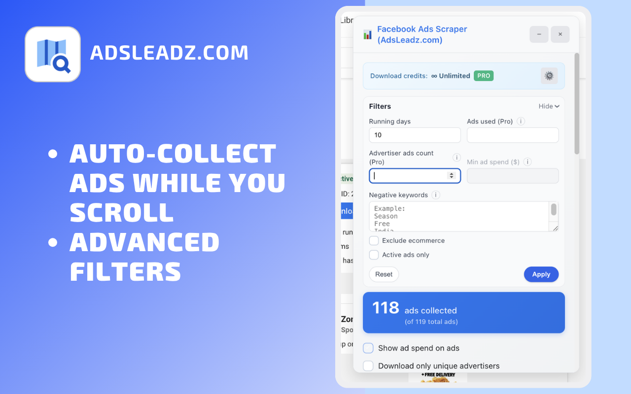 Multiple Facebook ads selected for bulk download in Meta Ads Library