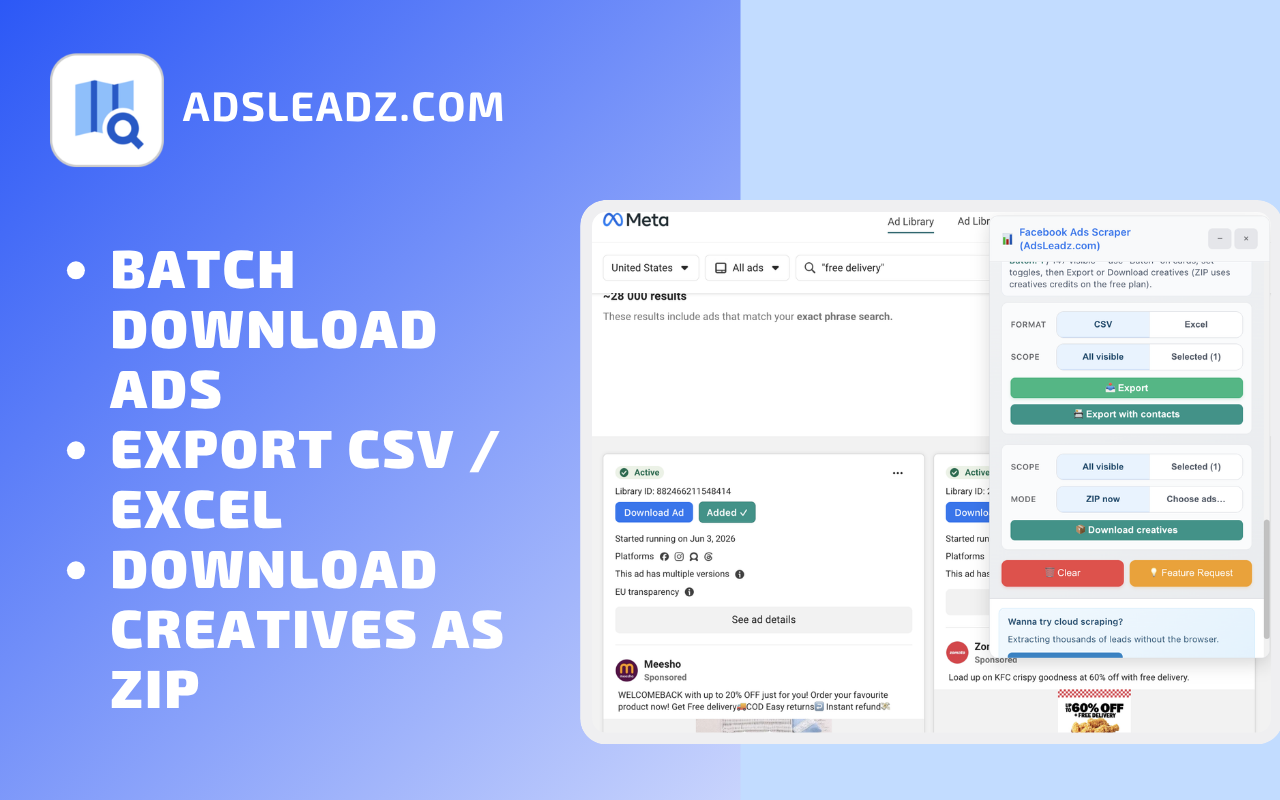 Downloading Facebook ad video and image creatives with AdsLeadz