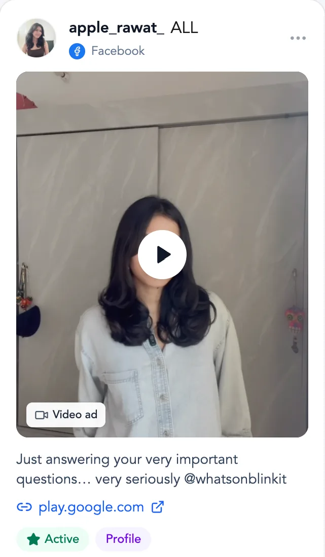Active ad from a tracked advertiser with creative, copy, landing page, duration and format