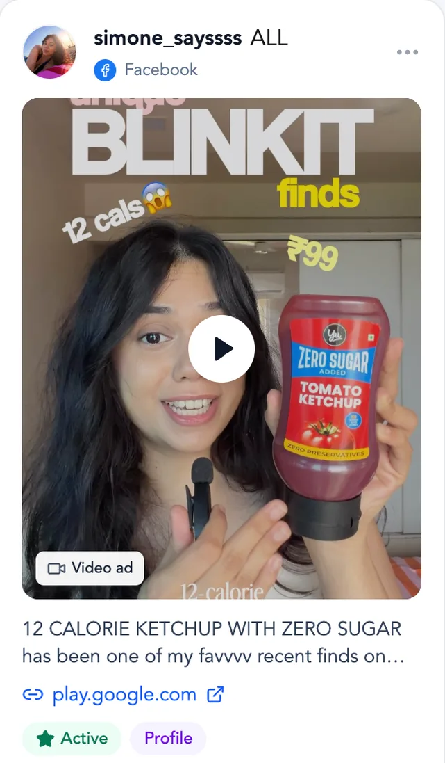 Active ad from a tracked advertiser with creative, copy, landing page, duration and format