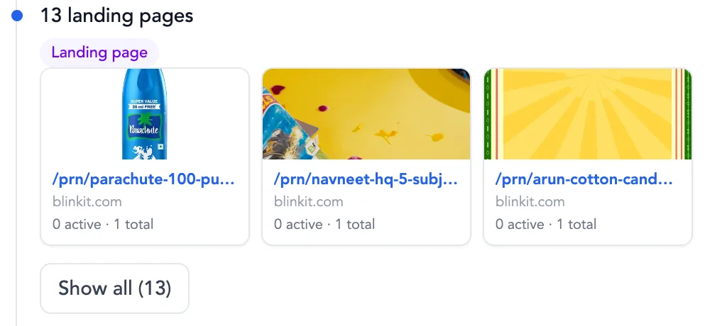 Timeline entry: 13 landing pages detected