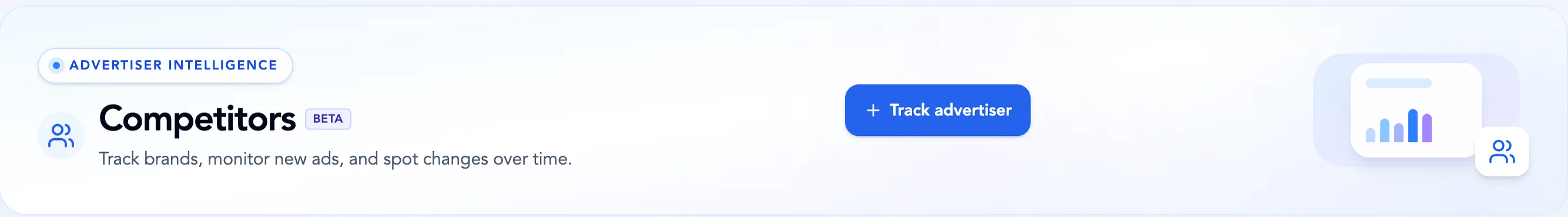 Competitors page hero: Advertiser intelligence — track brands, monitor new ads, and spot changes over time