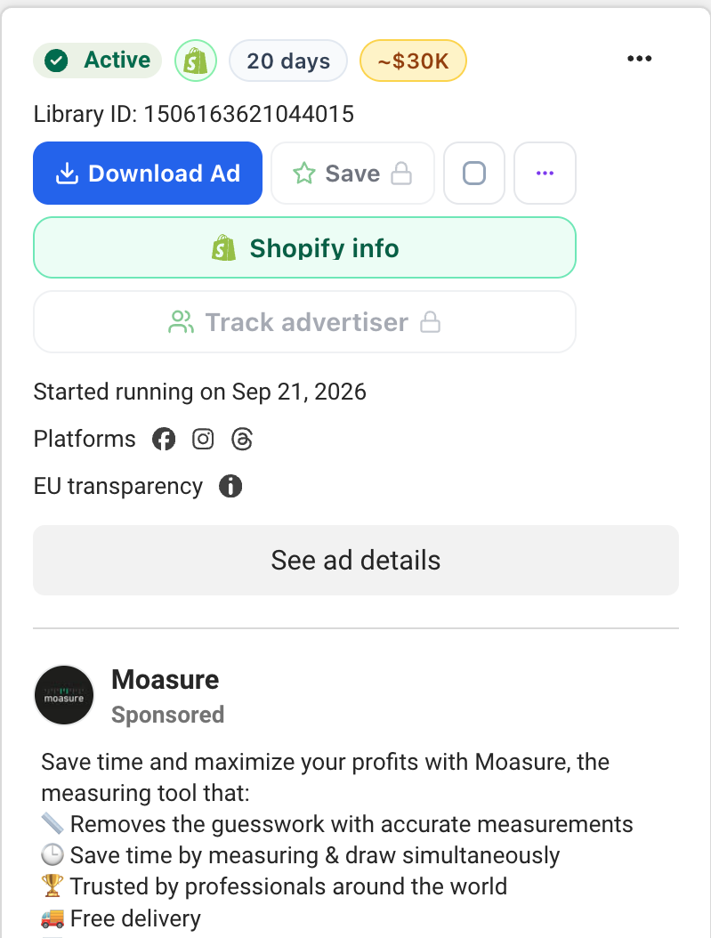 AdsLeadz ad card with Download Ad, Save, Shopify info and Track advertiser