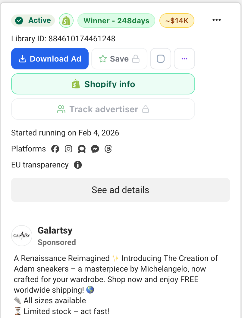 AdsLeadz ad card with creative metadata and actions