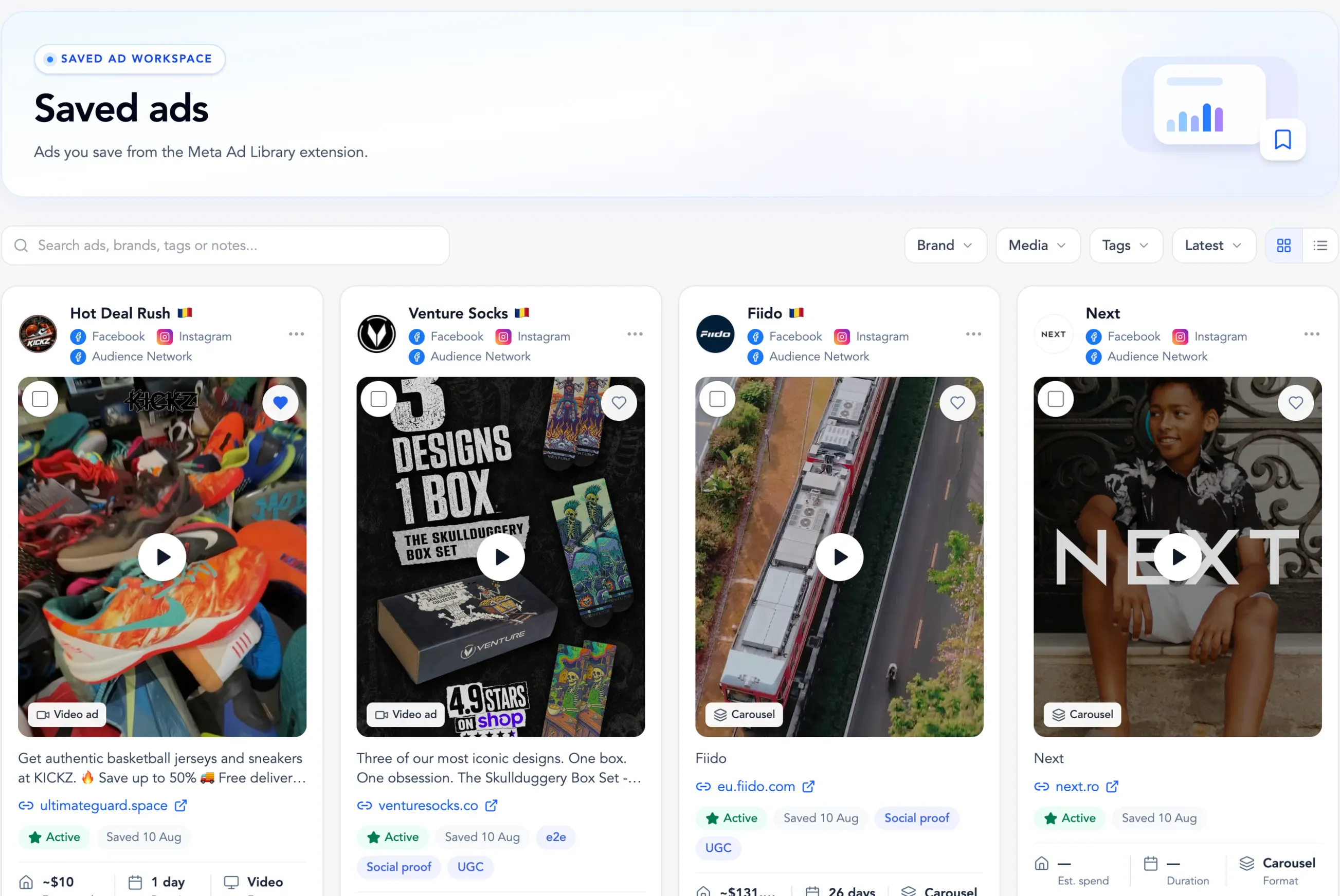 AdsLeadz saved ads dashboard with boards, tags and creative cards
