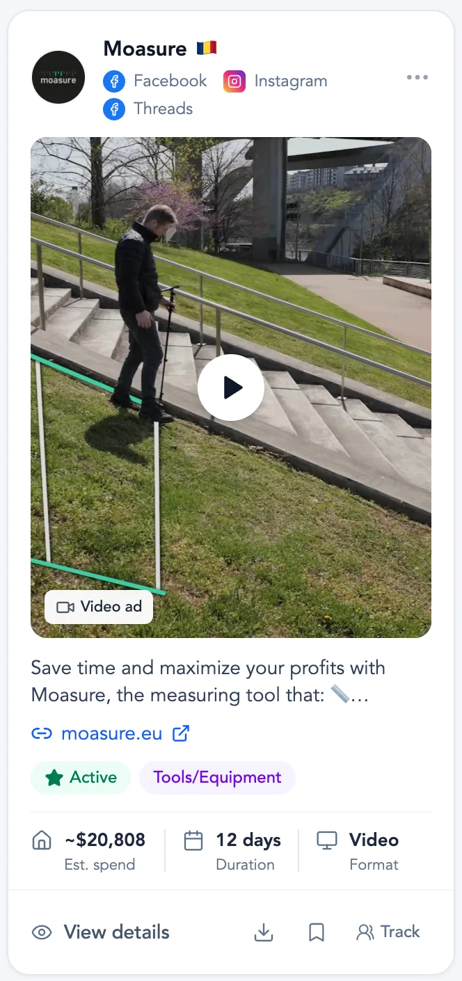 A store’s active Facebook ad with spend, duration and format