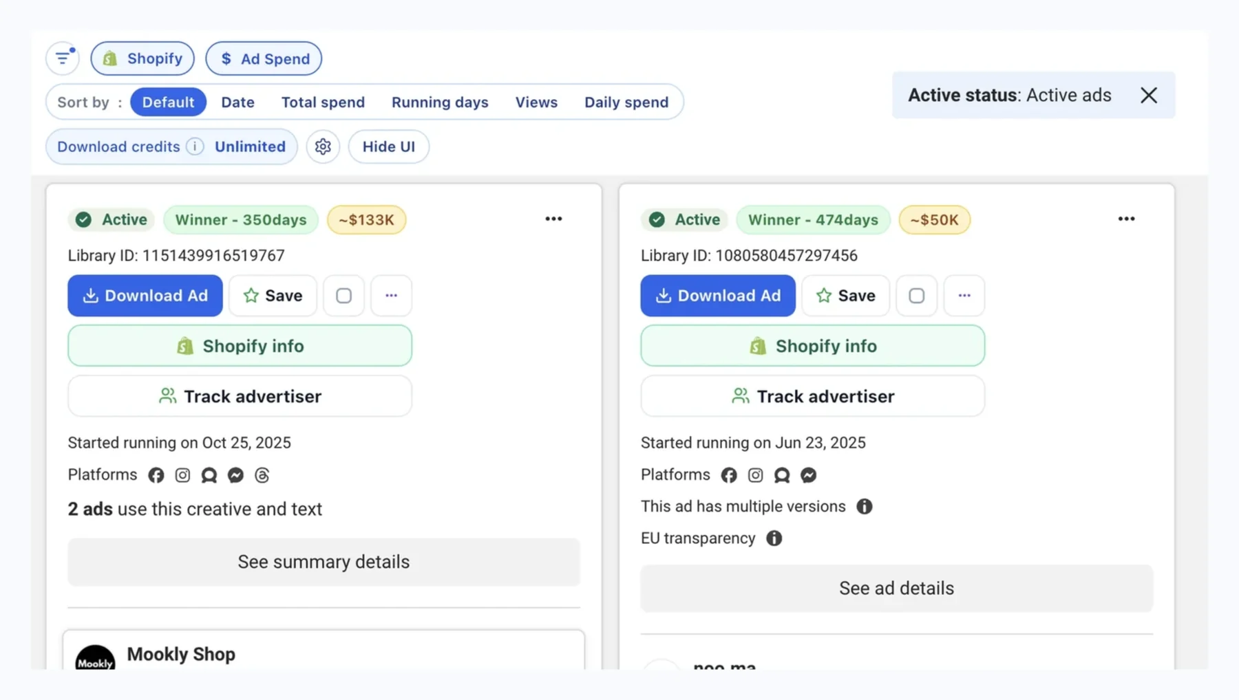 AdsLeadz Chrome extension in Meta Ads Library with Shopify info and Track advertiser buttons on ad cards