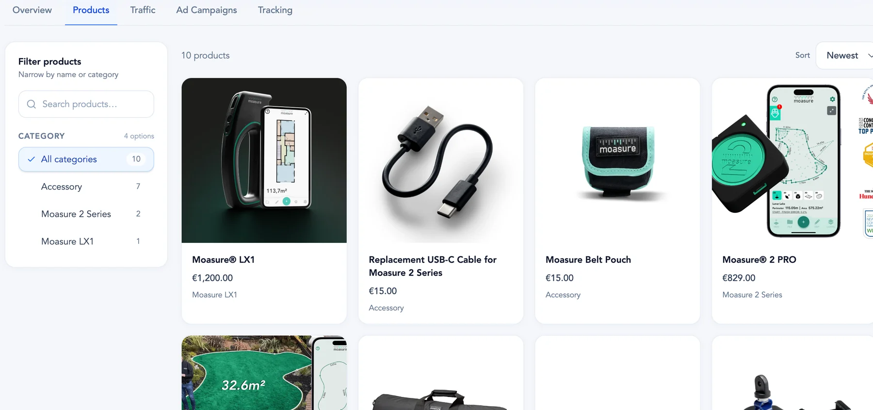 Products tab with category filter, search and product cards with prices